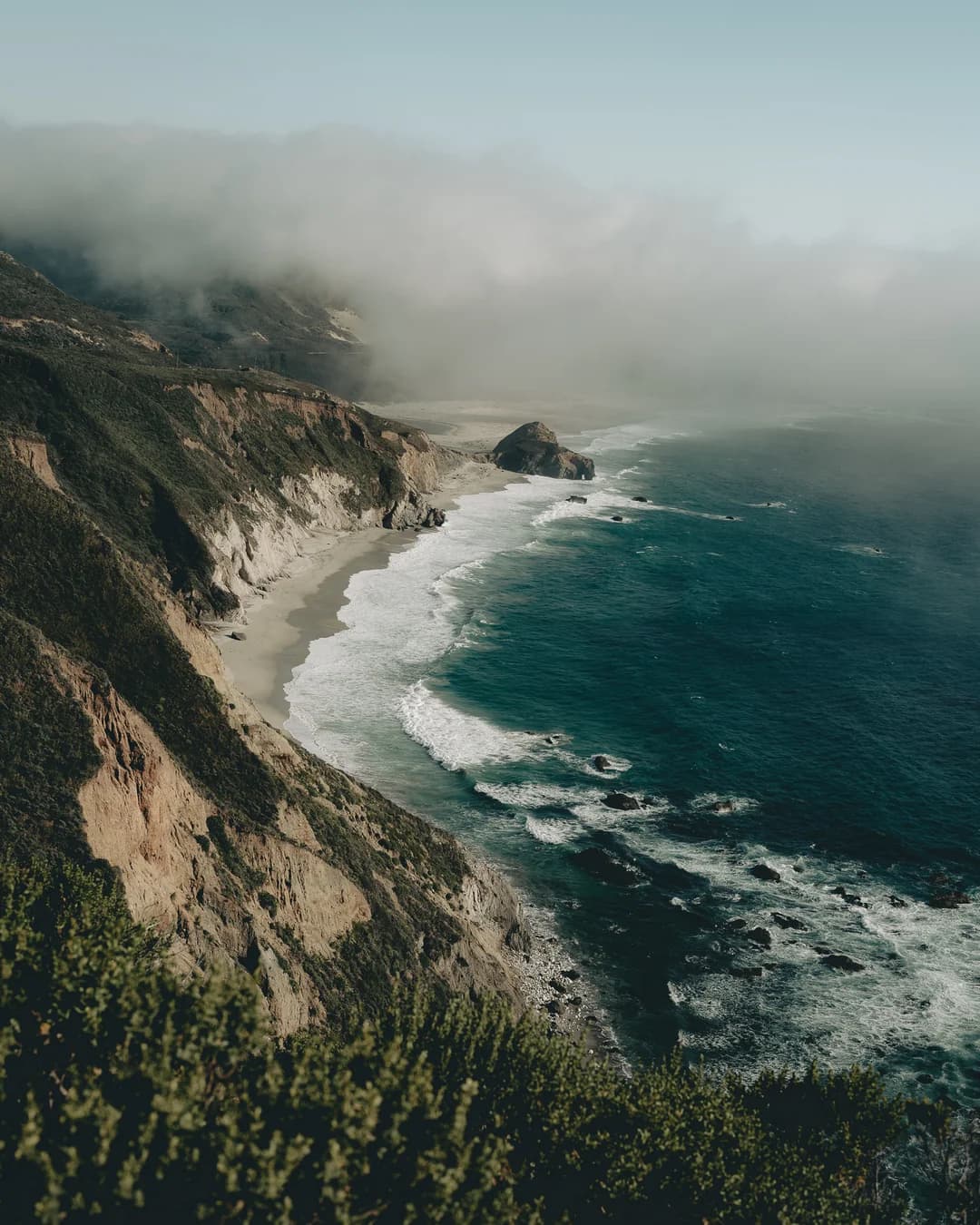 Fog settling over the Northern California coastline